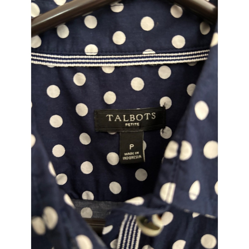 Talbots Petite Navy Blue White Polka Dot Button Down Shirt Long Sleeve P S A1108 - Picture 3 of 4